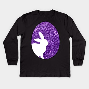 Easter Bunny Silhouette in Purple Faux Glitter Easter Egg Kids Long Sleeve T-Shirt